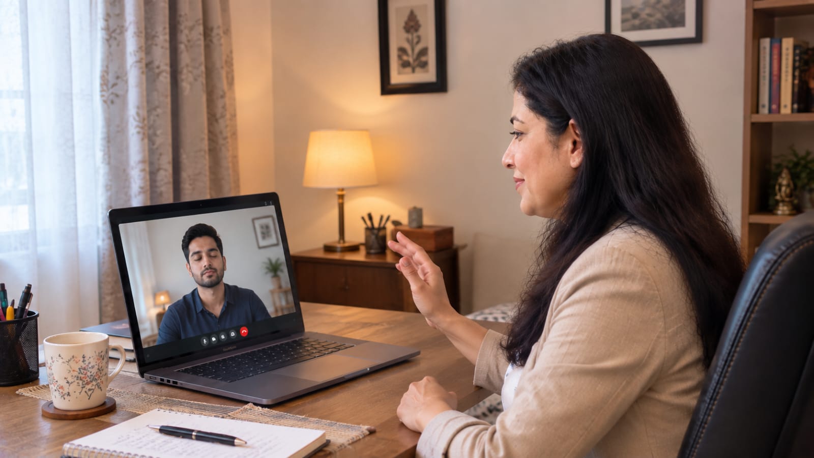 A calm indoor setting with a person practising mindfulness, reflecting the supportive environment of online personal growth coaching